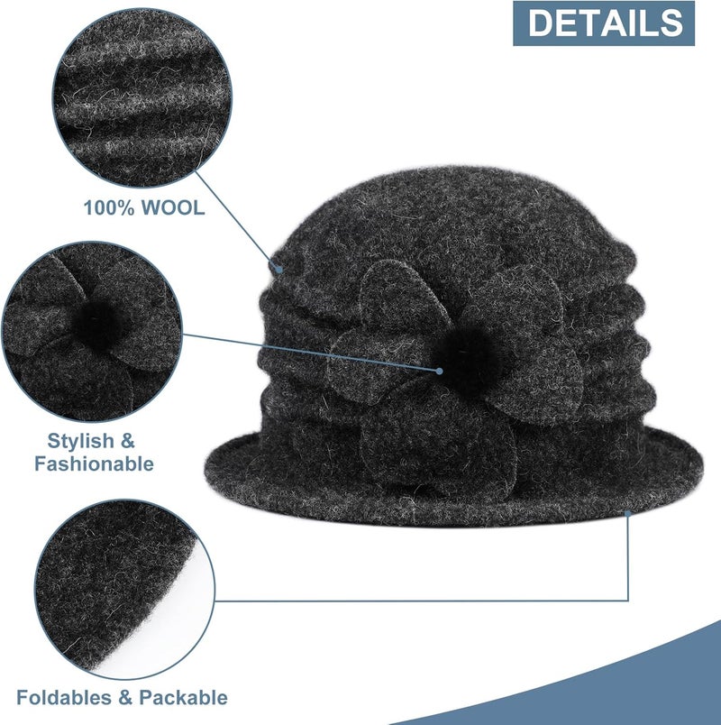 Sumolux Women Beret Hat French Vintage Floral Wool Dress Cloche Classic Winter Hat 1920s - Image 3
